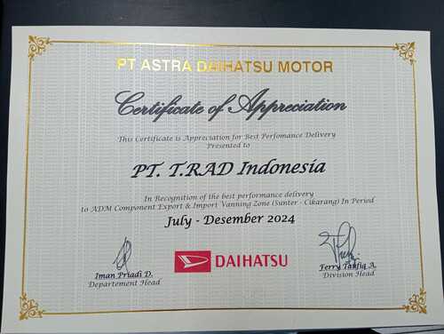 P.T. Astra Daihatsu Motor殿よりBest performance Delivery賞を頂きました